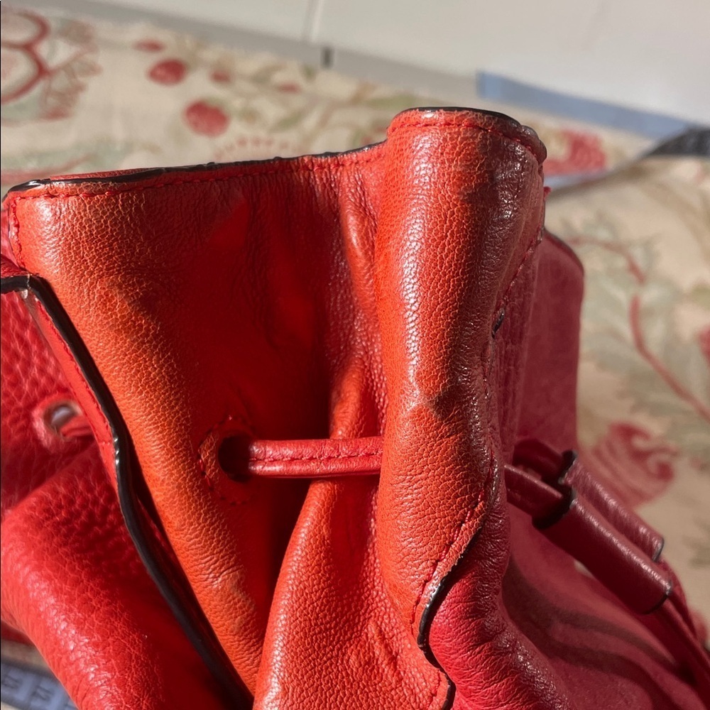Halston Heritage Red Patchwork Ostrich Pebbled Burgundy Leather Hobo Bucket Bag - Picture 12 of 16
